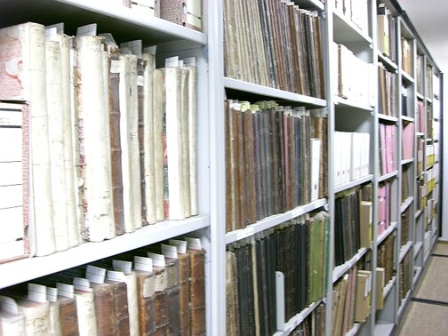 Ein Bücherregale voll mit Büchern und Akten.