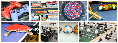 Die Collage zeigt verschiedene Spielmöglichkeiten wie z.B. eine Dartscheibe, Tischtennisschläger oder Brettspiele